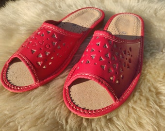 House leather Slippers Women's,  Handmade red open toe mules