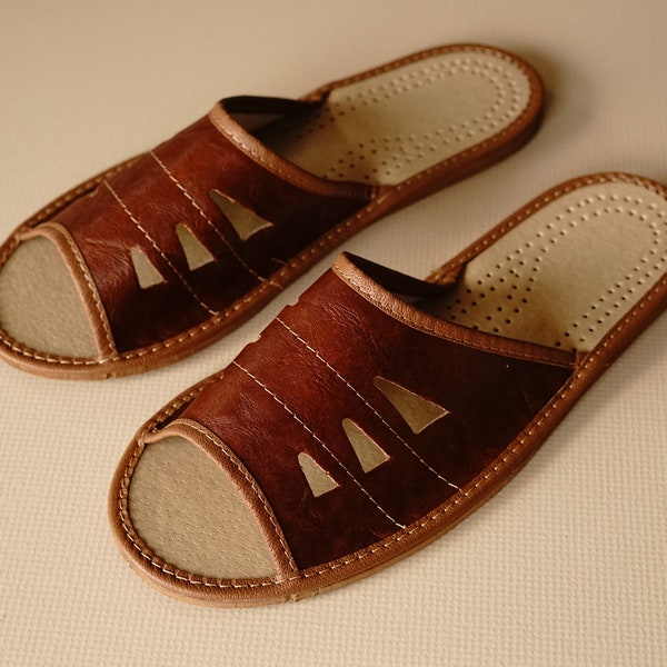 House Slippers Men |Brown Mules for him | Open toe slides | Natural leather flip-flops | Handmade home Slippers | Designer slides