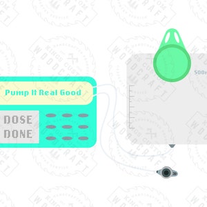 Könnte beinhalten: Illustration eines medizinischen Geräts mit einem türkisfarbenen Bedienfeld mit der Aufschrift "Pump It Real Good", "DOSE" und "DONE". Es ist mit einem 500-ml-Beutel mit grünem Deckel und Ventil verbunden.