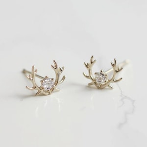 9k Gold Antler Stud Earrings, Reindeer Antler, Dainty Zircon Earrings, Minimalist Animal Jewelry, Gift for Her, Nature Inspired,
