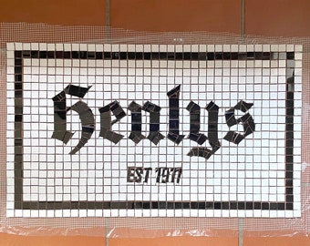 Mosaic Entrance lettering in mosaic font „Henlys“, mosaic custom writing, Custom mosaic install, Mosaic address floor custom letters