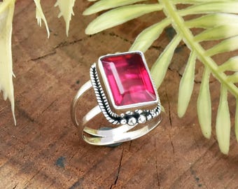Lab Ruby Ring: Sterling Silver Statement Ring- Double Band- Handmade Jewelry