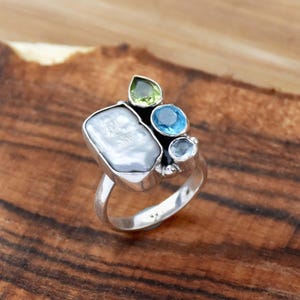 Raw Pearl Ring, 925 Sterling Silver Ring, Peridot & Blue Topaz Ring, Multi Stone Ring, Bohemian Ring, Cocktail Ring Anniversary Ring For Her