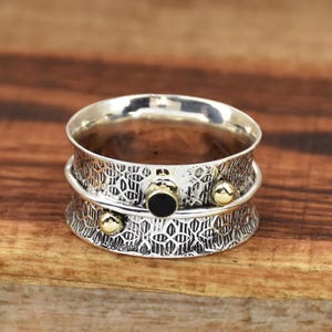 Black Onyx 925 Sterling Silver Ring: Beaded Bohemian Statement Ring