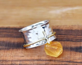 Sterling Silver Cross Spinner Ring: Two-Tone Religious Band