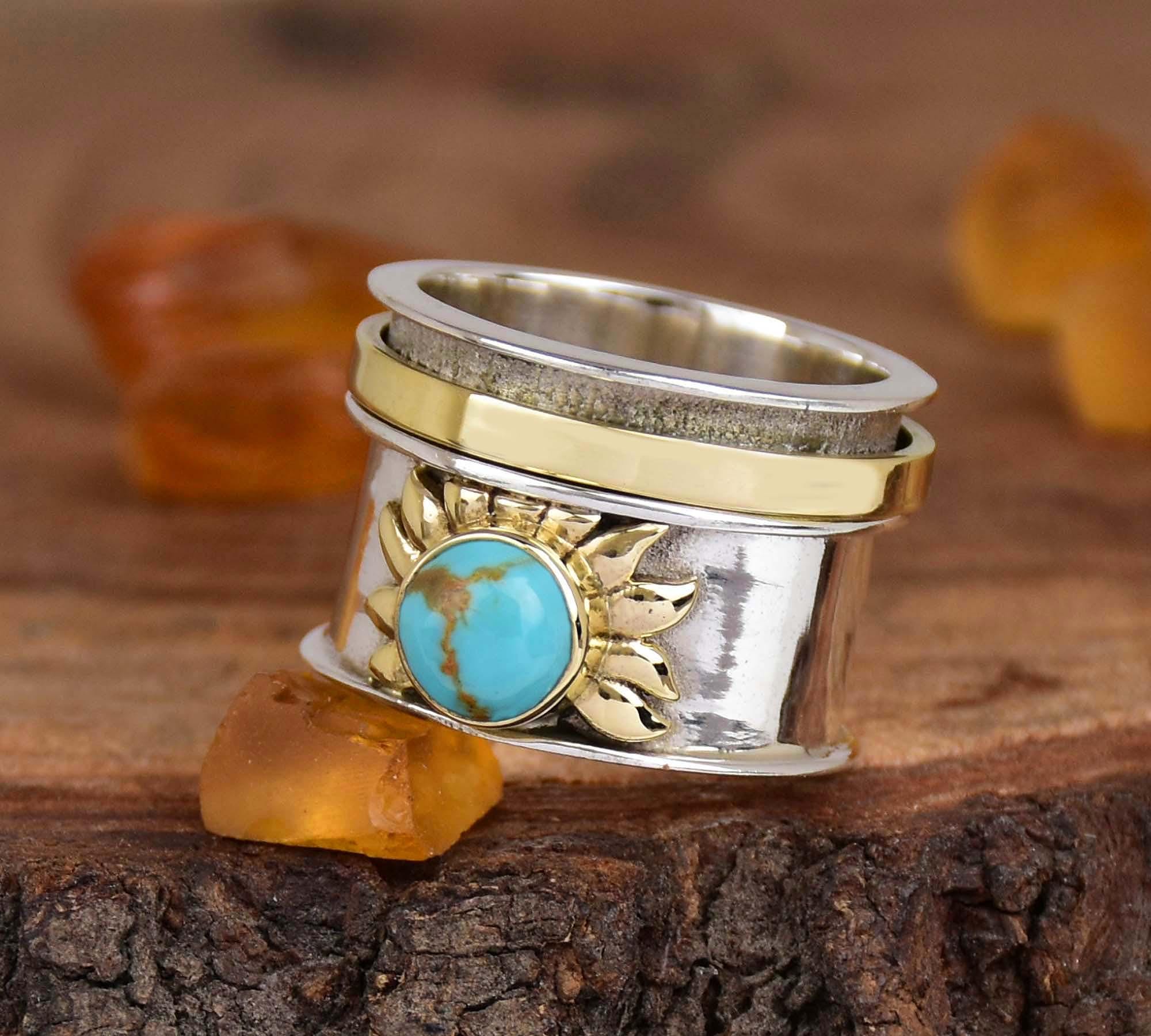 Turquoise Sun Ring: Sterling Silver Two Tone Spinner, Fidget Anxiety Ring