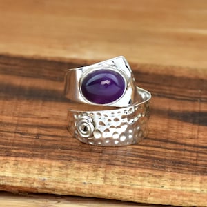 Purple Amethyst Ring, Adjustable Ring, Hammered Ring, 925 Sterling Silver Ring, Birthstone Ring, Wide Band Ring, Promise Ring, Gift For Her