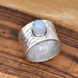Rainbow Moonstone Ring, 925 Sterling Silver Ring Oval Gemstone Ring Hammered Ring Wide Band Ring Statement Ring Birthstone Ring Gift For Her