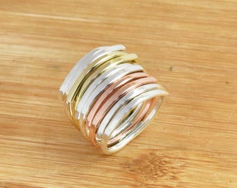 Sterling Silver Multi Band Ring: Two-Tone Wire Wrap, Chunky Boho Style