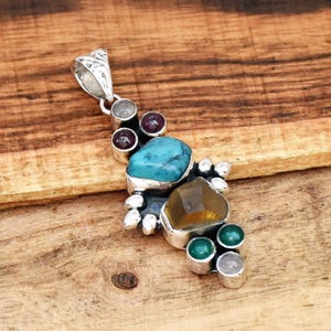 Raw Turquoise Pendant, 925 Sterling Silver Pendant, Citrine Pendant, Multi stone Pendant, Boho Pendant Raw Gemstone Pendant Filigree Pendant