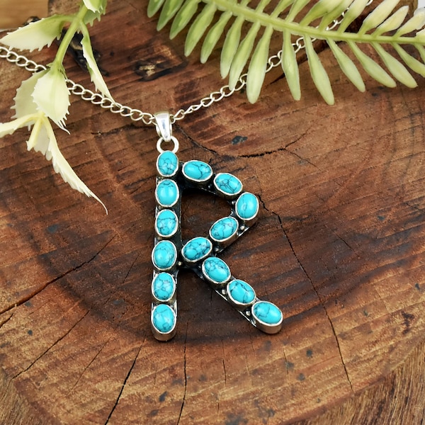 Large Turquoise Initial Necklace, 925 Sterling Silver Letter R Pendant, Western Boho Monogram Necklace,