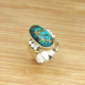 Blue Copper Turquoise Sterling Silver Ring: Hammered Bohemian Statement Jewelry