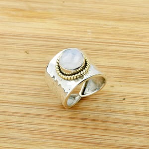Rainbow Moonstone Ring, Hammered Band Ring, 925 Sterling Silver Ring, wide Band Ring, Brass Rope Ring, Round Gemstone Ring, Bridal Jewelry