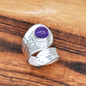 Amethyst Ring, 925 Sterling Silver Ring, Adjustable Ring, Hammered Ring, Birthstone Ring, Statement Ring Chunky Ring Open Ring Gift For Her