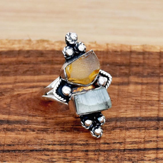 Bague aigue-marine brute et citrine bijoux bohèmes en filigrane