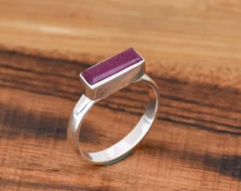 Handmade Baguette Ruby Ring: Sterling Silver Minimalist Ring