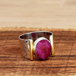 Indian Ruby 925 Sterling Silver Ring: Hammered Wide Band