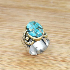 Blue Copper Turquoise Ring: Sterling Silver Floral Band, Two-Tone Statement