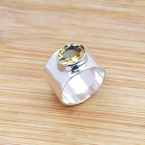 Bohemian Citrine Ring: Sterling Silver Wide Band Statement Ring