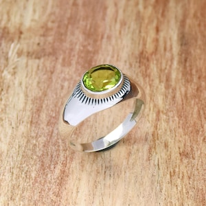 Green Peridot Men&#39;s Ring: Sterling Silver Textured Band. Boho Jewelry