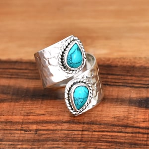Turquoise Ring, 925 Silver Ring Wide Band Ring Adjustable Ring Dual Stone Ring Bohemian ring Silver Statement Ring Large Ring, Gift For Her