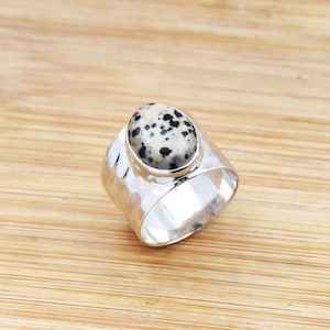 Dalmatian Jasper Ring 925 Sterling Silver Ring Handmade Ring Natural Jasper Ring Statement Ring, Wide Band Ring Hammered Ring Gift For Her