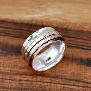 Sterling Silver Spinner Ring: Two-Tone Hammered Wide Band Worry Ring