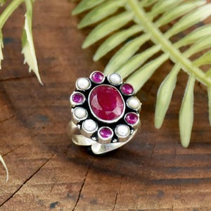 Anillo de rubí y perla de la India, anillo floral de plata de ley 925, joyería bohemia con piedras preciosas.