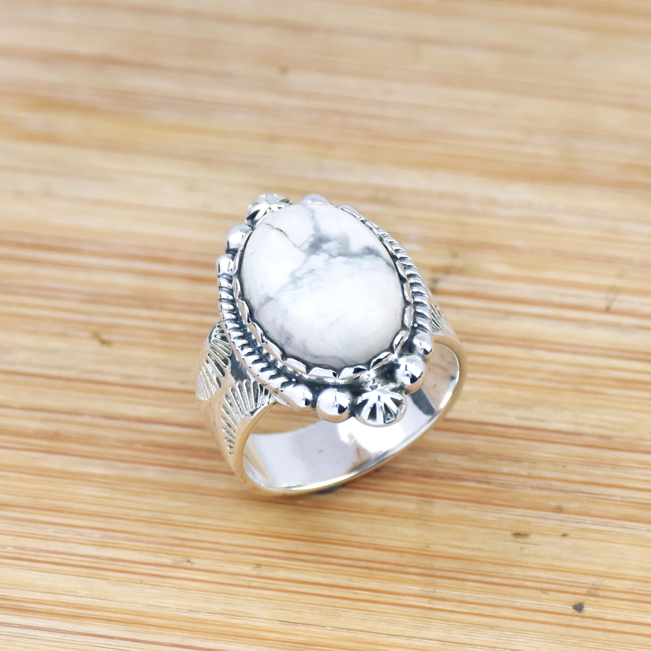 White Howlite Oval Stone Ring: 925 Sterling Silver Boho Statement 