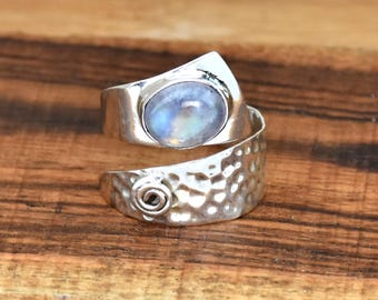 Hammered Sterling Silver Moonstone Ring - Adjustable Gemstone Ring