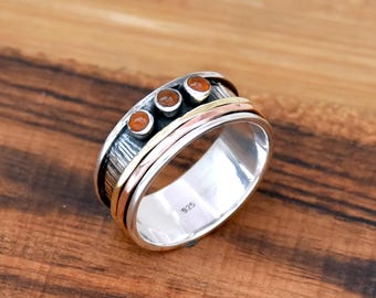 Carnelian Sterling Silver Spinner Ring: Two-Tone Meditation Band