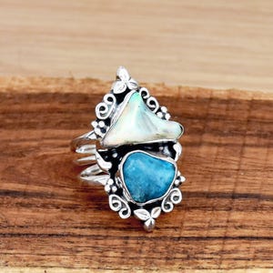 Raw Opal Turquoise Ring: Sterling Silver Filigree, Bohemian Triple Band