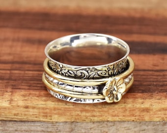 Flower Spinner Ring: Sterling Silver Two-Tone Meditation Ring