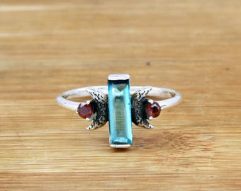 ガーネット＆ブルートパーズリング：スターリングシルバーのソリティア
