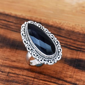 Teardrop Black Onyx Ring: Filigree 925 Sterling Silver, Bohemian Statement