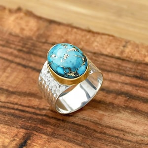 Blue Copper Turquoise Ring: Hammered Sterling Silver Wide Band