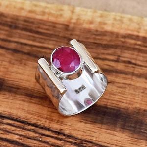 Indian Ruby Ring: Hammered 925 Sterling Silver, Bohemian Gemstone
