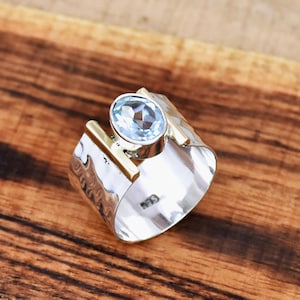 Blue Topaz Ring, 925 Sterling Silver Ring, Two tone Ring, Hammered ring, Birthstone Ring, Oval Gemstone Ring Anniversary Ring Gift For Her