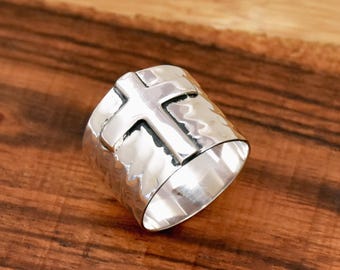 Hammered Sterling Silver Cross Ring - Wide Band Religious Ring