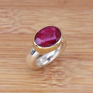 Indian Ruby Ring, 925 Silver Ring Handmade Statement ring, Thick Band Ring, Two Tone Ring, birthstone Ring, Bohemian Ring Gift for Her