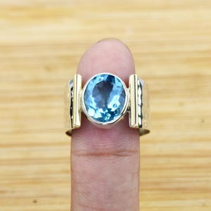 Blue Topaz Ring, 925 Sterling Silver Ring, Two tone Ring, Hammered ring, December Birthstone Ring, Oval Gemstone Ring Bridesmaid Ring