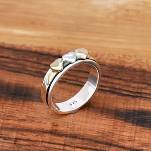 Triple Heart Ring, 925 Sterling Silver, Narrow Band Ring, Textured Ring, Meditation ring, Wedding Ring, Thumb Ring, two Tone Spinner Ring
