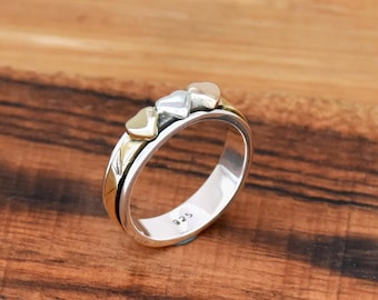 Sterling Silver Triple Heart Spinner Ring: Textured Meditation Band
