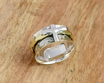 Anello girevole con croce cristiana: gioielli di fede con fascia floreale in argento sterling