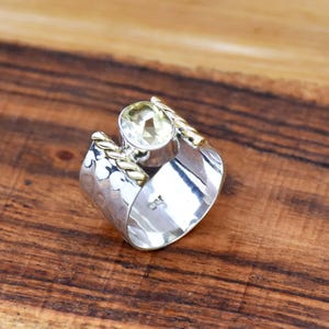 Hammered Citrine Ring: Two-Tone 925 Sterling Silver Wide Band
