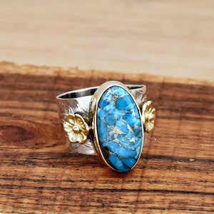 Blue Copper Turquoise Sterling Silver Ring: Bohemian Flower Statement Ring