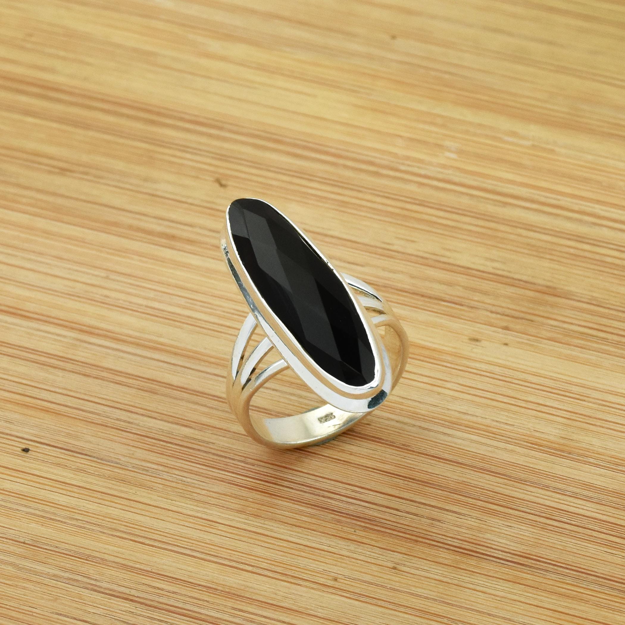 Black Onyx Sterling Silver Ring: Long Oval Checker Cut Boho Ring