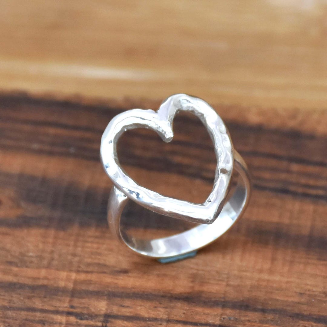 Hammered Sterling Silver Heart Ring - Chunky Open Heart Design - Etsy