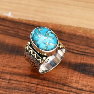 Blue Copper Turquoise Ring: Floral 925 Sterling Silver Bohemian Band