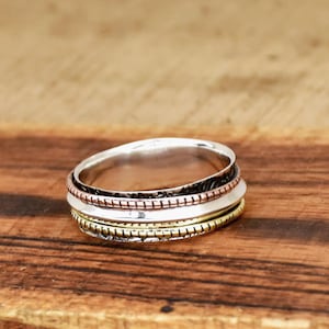 Spinner Ring 925 Sterling Silver Ring, Narrow Band Textured Ring, Stackable Ring, Two Tone Ring, Worry Ring, Silver Fidget Ring Gift For Her